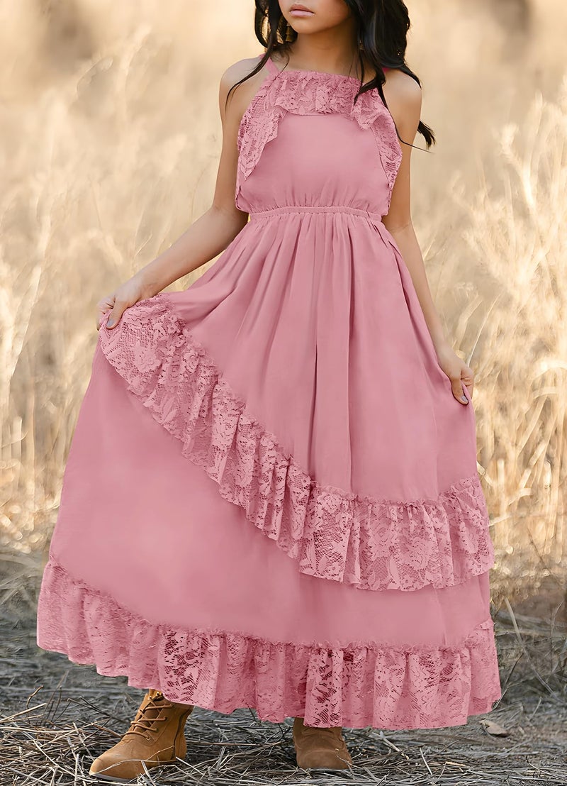 MITILLY Girls Boho Maxi Dress Cute Summer Spaghetti Strap A-Line Semi Formal Kids Graduation Dresses for Wedding Party 8 Years Pink - Image 3