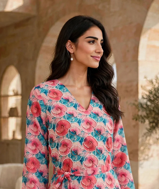 Ikkxa IKKXA Geometric Motif Belted V-Neck Jalabiya IKX122 Pink