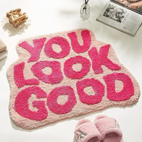 DyeFury You Look Good Bath Mat Pink Cute Bathroom Rugs for Girls Fun Funny Funky Rug Bedroom Pink Preppy Bathroom Decor Hello Beautiful Gorgeous Bath Rugs for Kids Women NonSlip 25 x 21 - Image 1