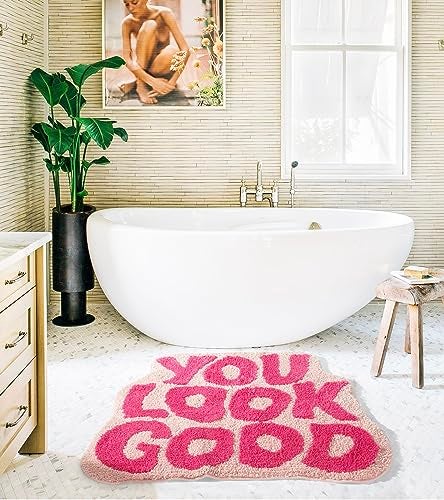 DyeFury You Look Good Bath Mat Pink Cute Bathroom Rugs for Girls Fun Funny Funky Rug Bedroom Pink Preppy Bathroom Decor Hello Beautiful Gorgeous Bath Rugs for Kids Women NonSlip 25 x 21 - Image 3