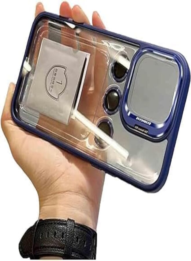 Next Next store Invisible Stand Case Compatible For iPhone 15 Metal Camera Lens Ring Protector Cover (Blue)