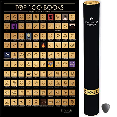 Divalis 100 Books Scratch off Poster with Scratcher - Easy to Frame 24x16 100 Must Read Books of all Times - Reading Bucketlist Chart - Accessories Included - Image 1