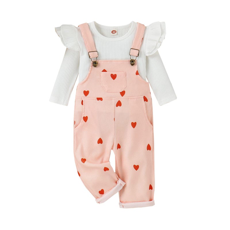 Noubeau Toddler Baby Girl Valentines Clothes Ruffled Sleeves Top Heart Bell Bottoms Flared Overalls Suspender Pants Set (White shirt +pants, 2-3T) - Image 1
