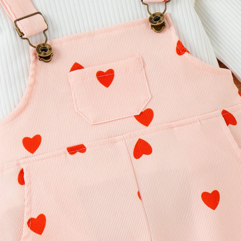 Noubeau Toddler Baby Girl Valentines Clothes Ruffled Sleeves Top Heart Bell Bottoms Flared Overalls Suspender Pants Set (White shirt +pants, 2-3T) - Image 4