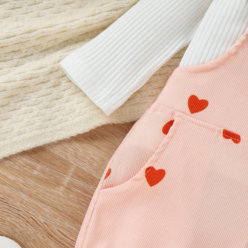 Noubeau Toddler Baby Girl Valentines Clothes Ruffled Sleeves Top Heart Bell Bottoms Flared Overalls Suspender Pants Set (White shirt +pants, 2-3T) - Image 2