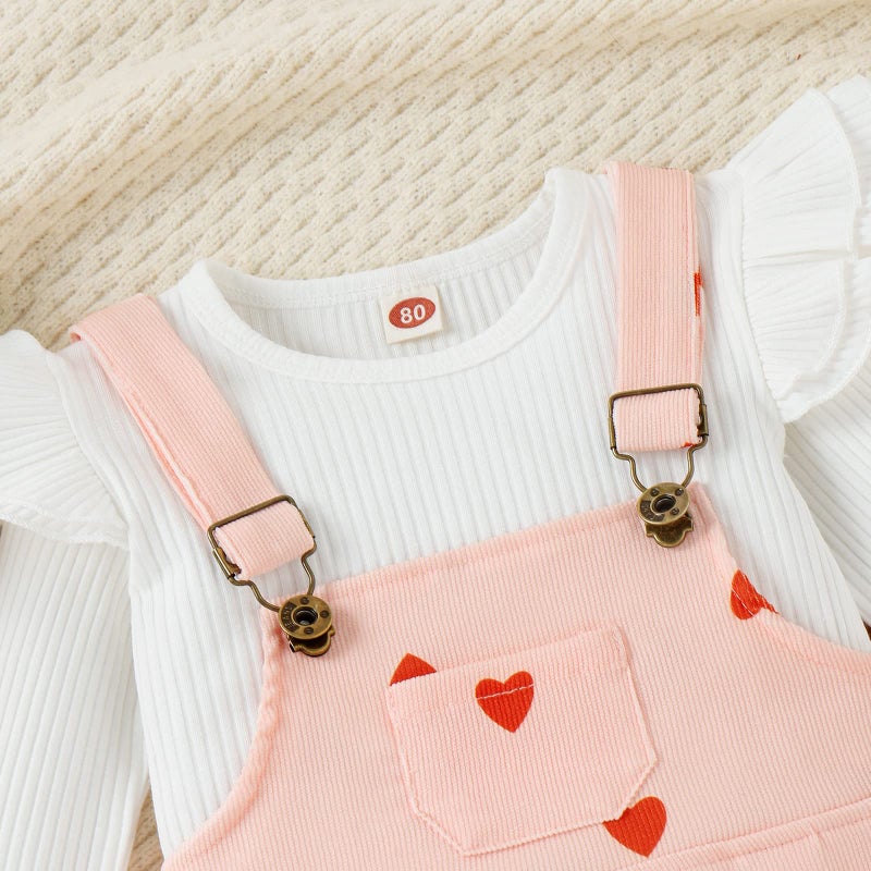 Noubeau Toddler Baby Girl Valentines Clothes Ruffled Sleeves Top Heart Bell Bottoms Flared Overalls Suspender Pants Set (White shirt +pants, 2-3T) - Image 3