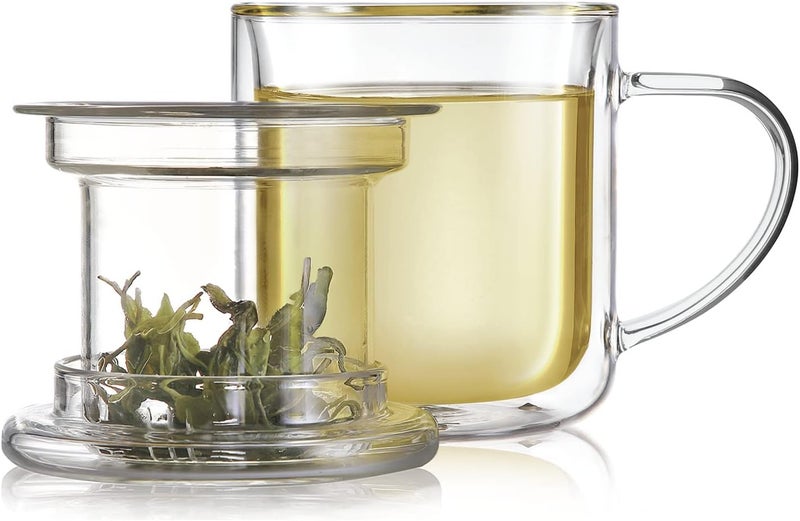 Teabloom Heatproof and Insulated Borosilicate Glass Tea Cup with Infuser for Whole-Leaf Loose Tea – Tea Purist's Choice – Wellbeing Double-Walled Infusion Mug with Lid (8 oz) - Image 1
