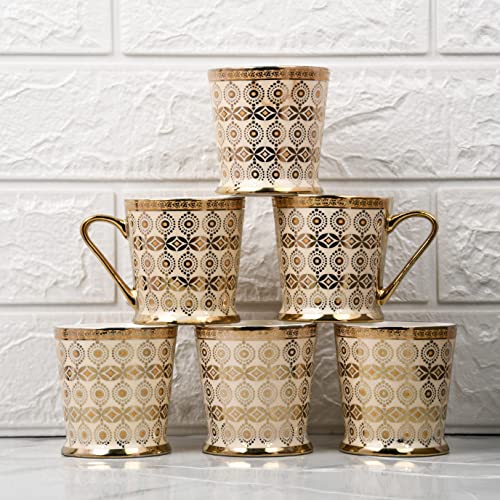 Femora Traditional Circles with Leaves Pattern Golden Tea Mugs, Ceramic Tea Cups, Coffee Mugs (180 ml, Golden) - 6 Pcs Set (NOT Microwave Safe) - Image 2