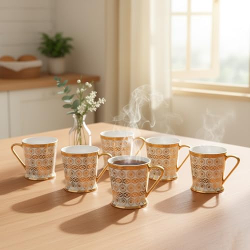 Femora Traditional Circles with Leaves Pattern Golden Tea Mugs, Ceramic Tea Cups, Coffee Mugs (180 ml, Golden) - 6 Pcs Set (NOT Microwave Safe) - Image 1