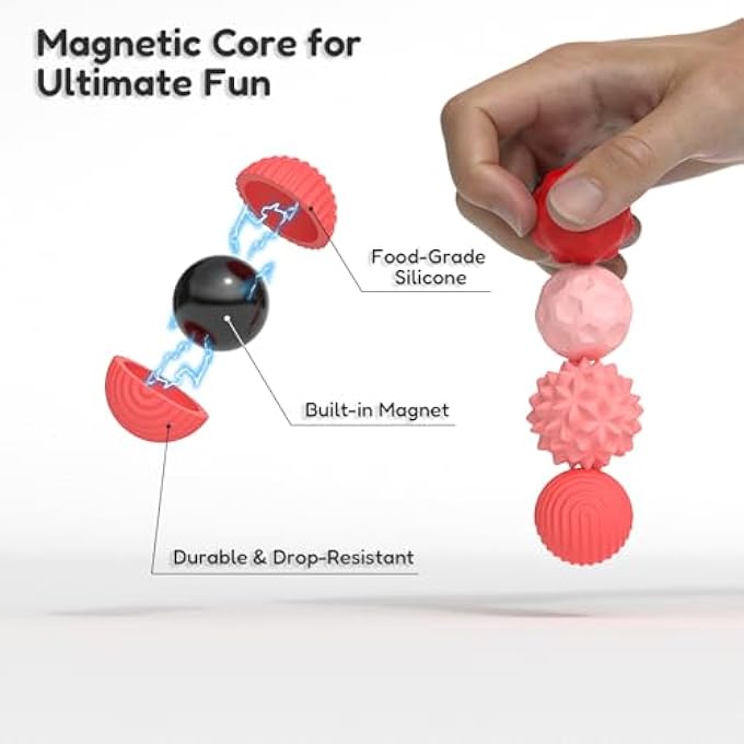 Azooken Large Magnetic Sensory Fidget Ball Toy, 8Pcs Silicone Sensory Stress Relief Toys for Adults, Teens with Autism, ADHD, Anxiety, Stocking Stuffers for Women Men Teen Gift (Red and Candy, Large) - Image 4