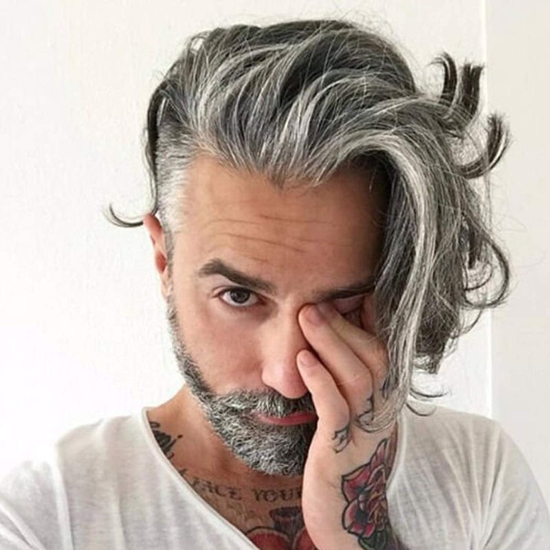 Toupee for Man 004cm Ultra Thin Skin PU Mens Hairpiece European Virgin Human Hair Replacement System Pieces 10x8inch 1B Black Color Real Human Hair Mixed 60 Grey Synthetic Hair