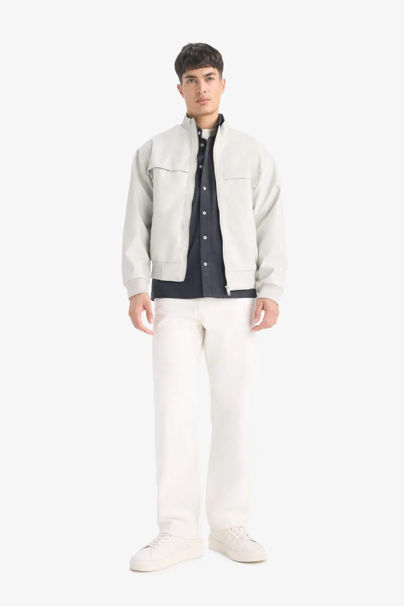 Defacto Oversize Fit Stand Collar Zippered Pocket Faux Leather Jacket