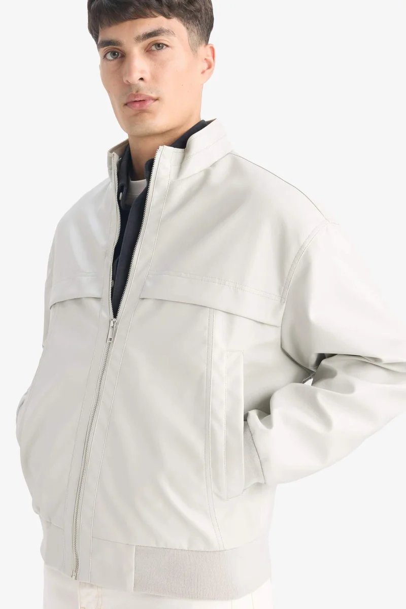 Defacto Oversize Fit Stand Collar Zippered Pocket Faux Leather Jacket