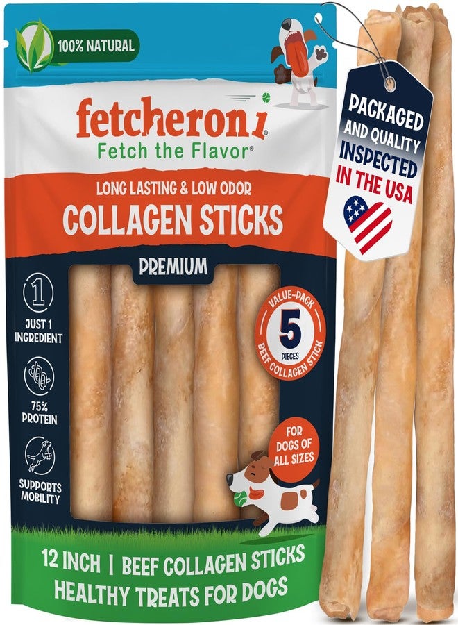 FETCHERONI 12" Collagen Sticks for Dogs – Low Odor Long-Lasting Bully Stick & Rawhide Alternative, Single Ingredient Beef Bone, High Protein Dental Treat, Vet Approved, Improves Joint Health – 5 Pack - Image 1