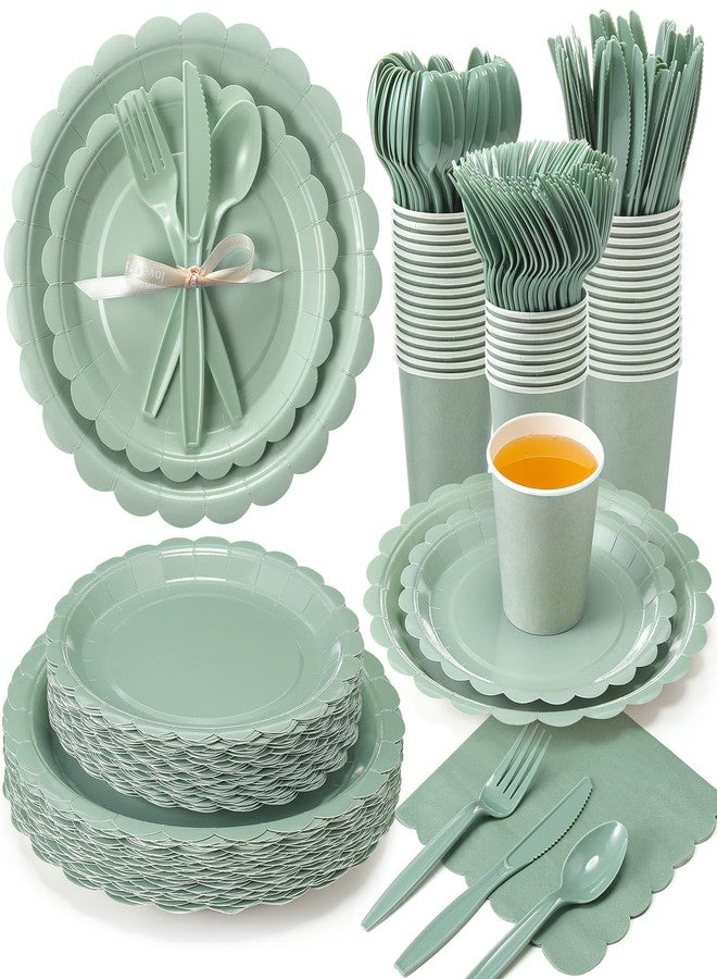 Ziliny 350 Pcs Sage Green Plates and Napkins, 50 Guest Spring Party Supplies Include Scalloped Paper Plates Napkins Cups Plastic Spoons Forks Knives Disposable Tableware Set for Baby Shower - Image 1