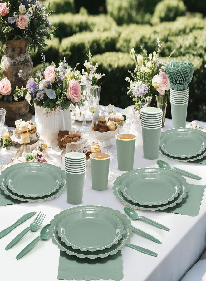Ziliny 350 Pcs Sage Green Plates and Napkins, 50 Guest Spring Party Supplies Include Scalloped Paper Plates Napkins Cups Plastic Spoons Forks Knives Disposable Tableware Set for Baby Shower - Image 5