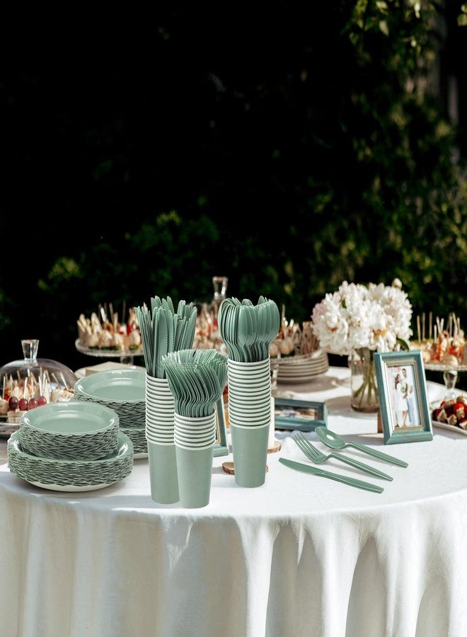 Ziliny 350 Pcs Sage Green Plates and Napkins, 50 Guest Spring Party Supplies Include Scalloped Paper Plates Napkins Cups Plastic Spoons Forks Knives Disposable Tableware Set for Baby Shower - Image 4