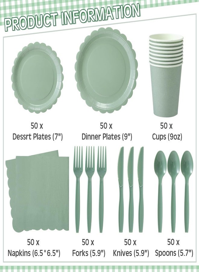 Ziliny 350 Pcs Sage Green Plates and Napkins, 50 Guest Spring Party Supplies Include Scalloped Paper Plates Napkins Cups Plastic Spoons Forks Knives Disposable Tableware Set for Baby Shower - Image 2