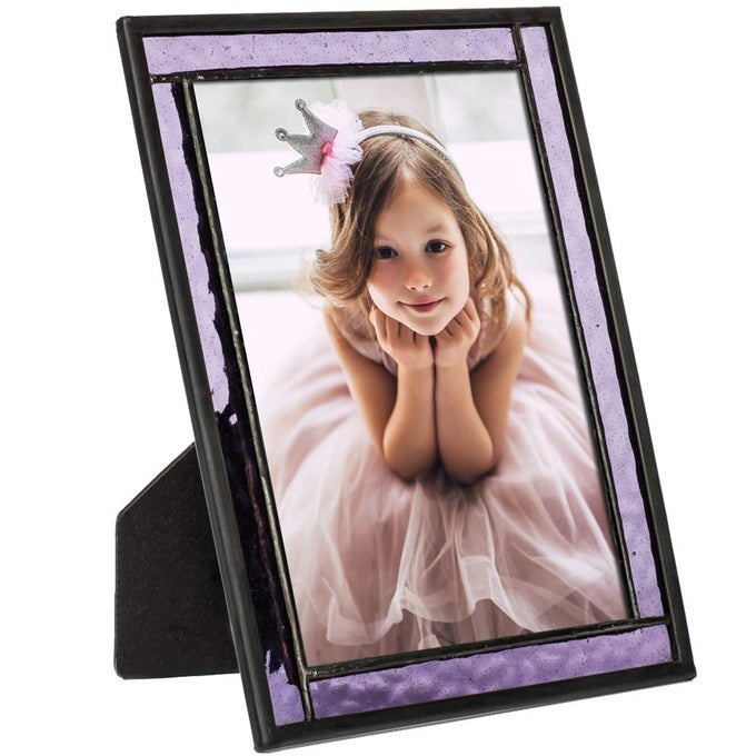 PURPLE STAINED GLASS PICTURE FRAME FOR HOME DCOR OFFICE DESK TABLE TOP 5X7 PHOTO HORIZONTAL VERTICAL EASEL BACK SERIES J DEVLIN