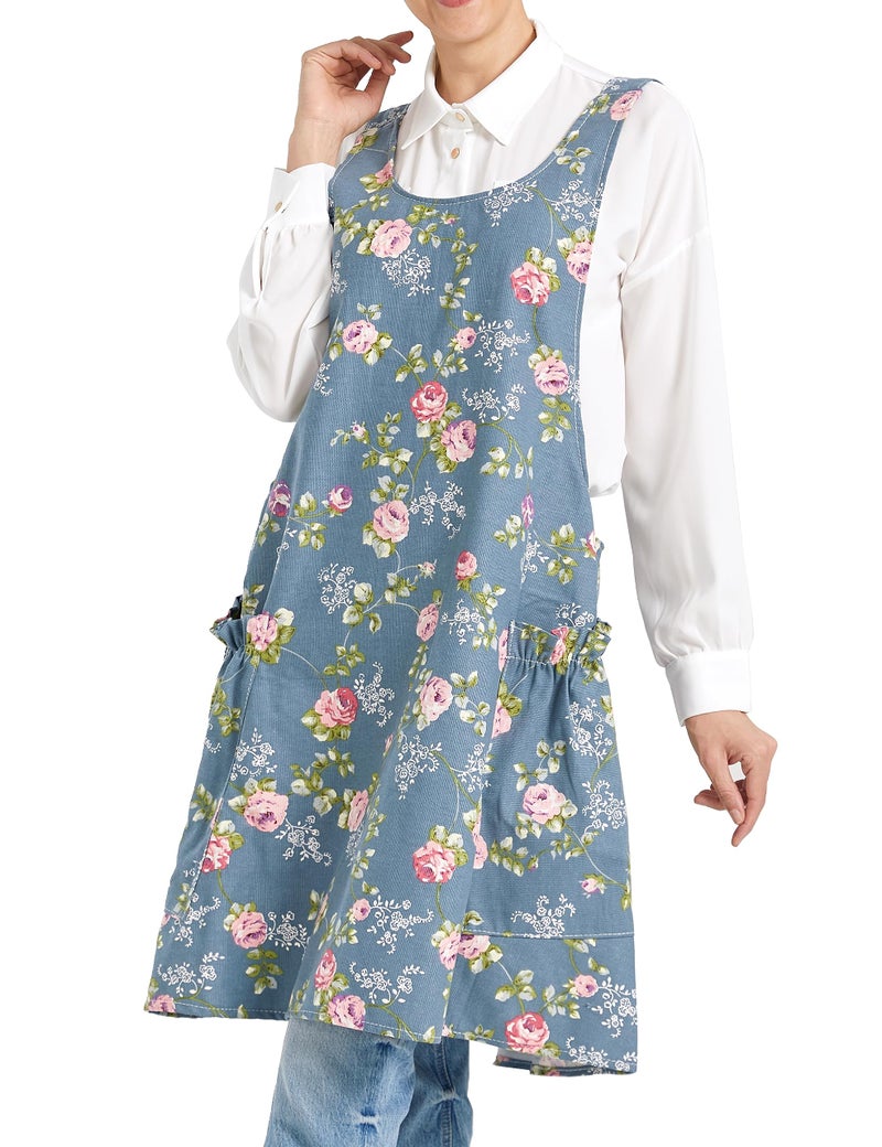 APRONNER Cozy Adjustable Cross Back Aprons for Women with Pockets Cotton Linen Cooking Kitchen Baking Rose Flower - Image 1