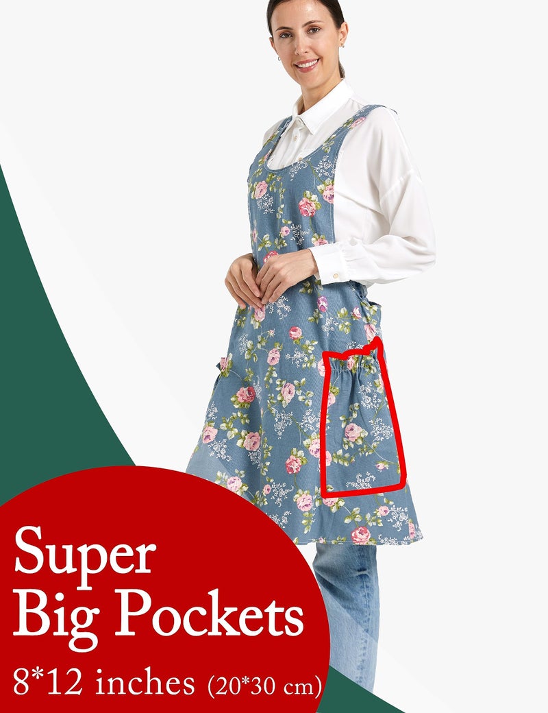 APRONNER Cozy Adjustable Cross Back Aprons for Women with Pockets Cotton Linen Cooking Kitchen Baking Rose Flower - Image 3