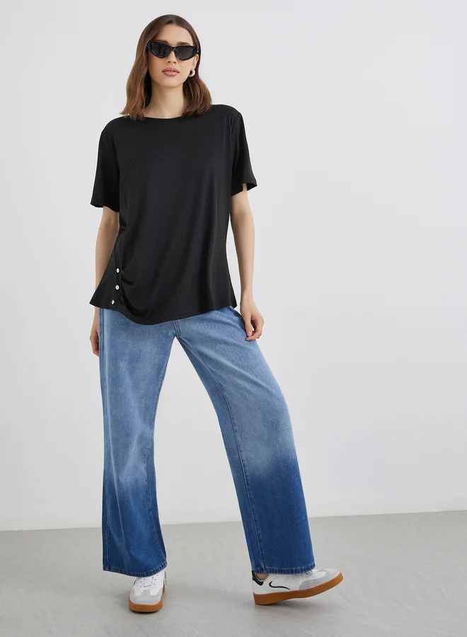 Take Two Take Two Black Solid Button Detail Regular Fit T-Shirt