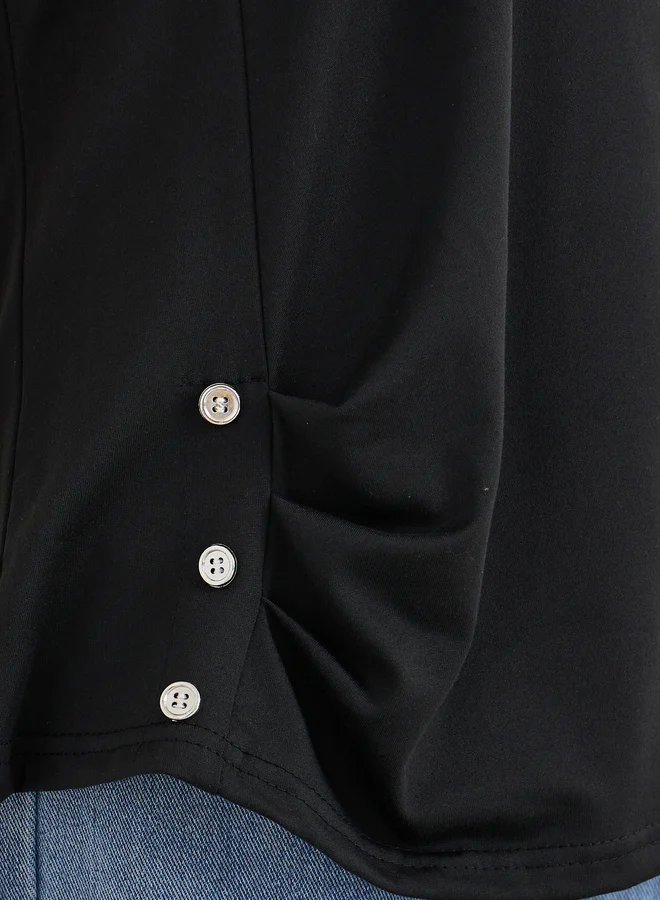 Take Two Take Two Black Solid Button Detail Regular Fit T-Shirt