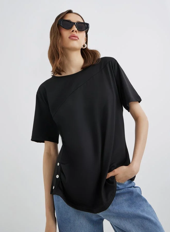 Take Two Black Solid Button Detail Regular Fit T-Shirt