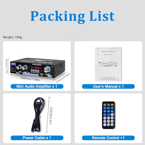 WOOPKER AK35 200W Stereo Audio Amplifier Bluetooth 5.0, 2.0 Channel Mini Amplifier Stereo Receivers with Bass & Treble Control,Home Amplifier w/AUX, USB, SD Card Input,Remote Control - Image 5