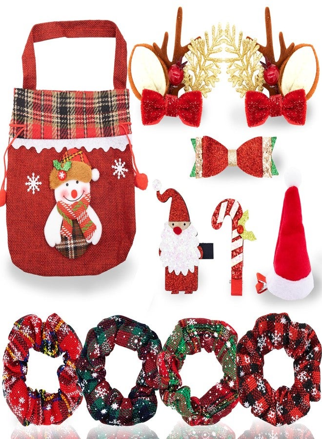 TiciKim 11 Pcs Christmas Hair Scrunchies Snowflake Plaid Christmas Hair Clips Cute Decorative Hair Accessories Soft Elastics Hair Band for Women Girls Cute Hairpin Antlers Bowknot Hat with A Bag - Image 1