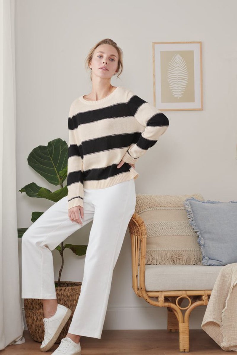Tchibo Women Round Neck Stripe Knit Sweater, Navy and Beige - Image 1