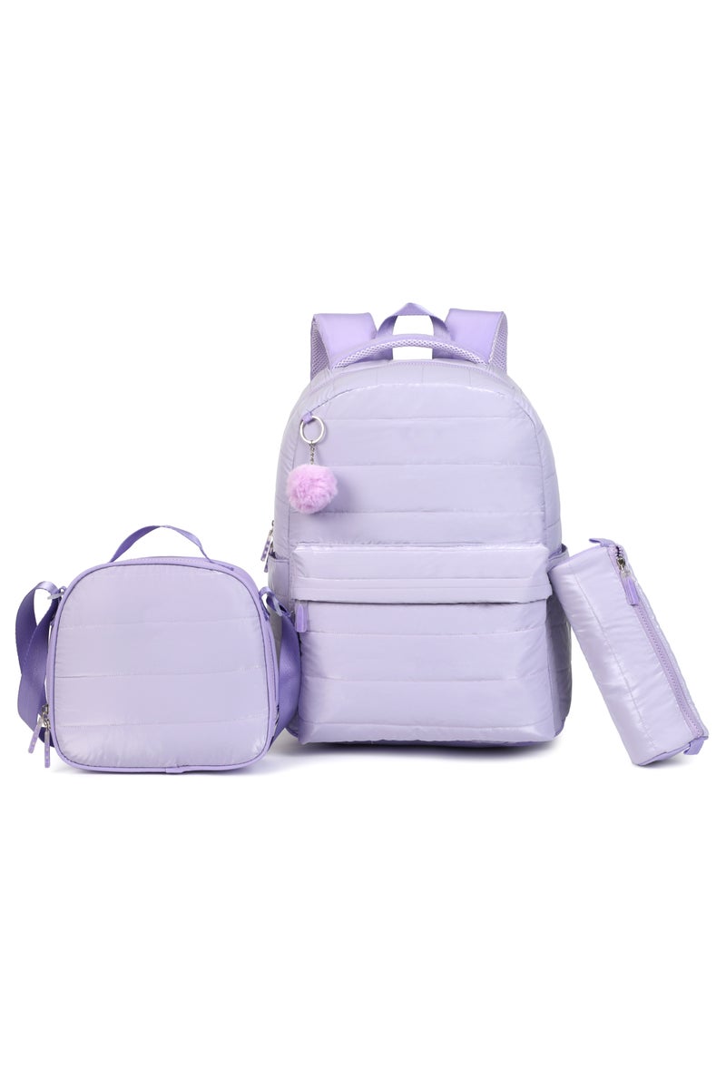 Girls 3-Piece School Backpack Set – Stylish Lavender Quilted Backpack with Fluffy Keychain, Matching Lunch Bag & Pencil Case – Lightweight & Durable Kids Bookbag for Primary SchoolComplete 3-Piece Set – Includes a spacious quilted backpack, insulated lunch bag, and matching pencil case for all school essentials. - Image 1