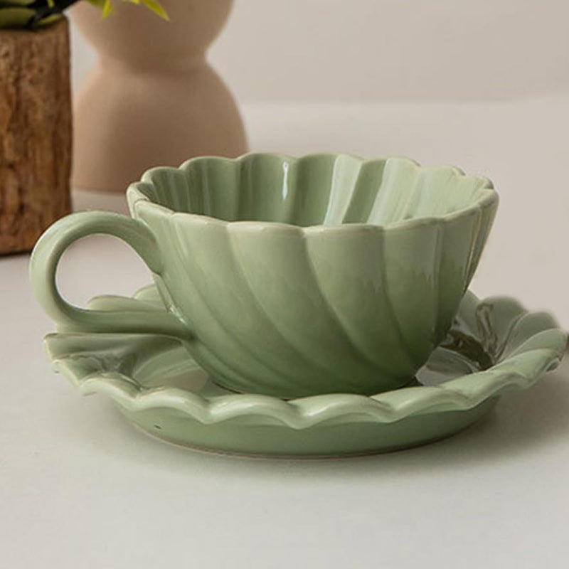 Floral Lace Design Ceramic Tea Mug and Saucer Set Spring Green Home Coffee Cups - Image 5