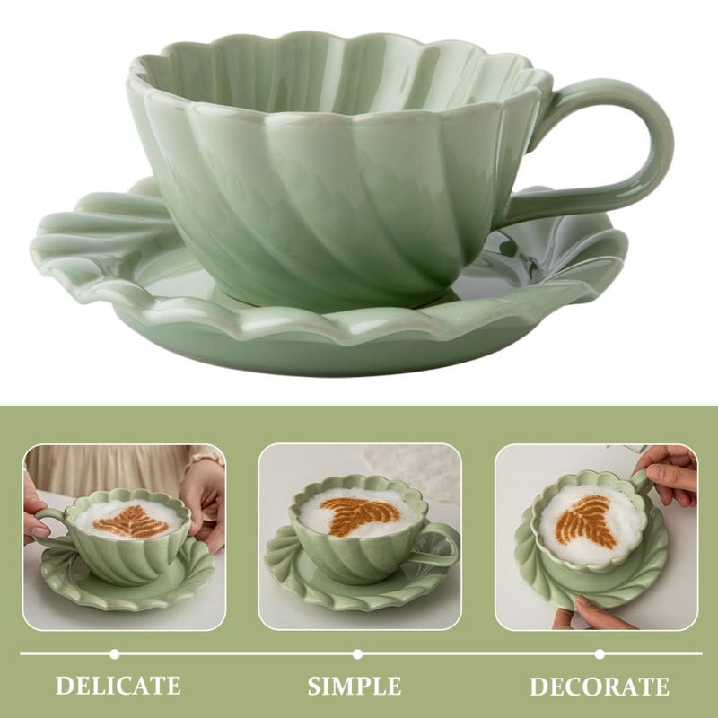 Floral Lace Design Ceramic Tea Mug and Saucer Set Spring Green Home Coffee Cups - Image 4