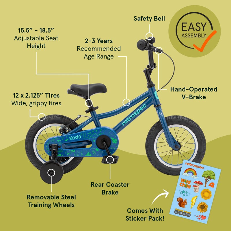 Retrospec Koda Kids Bike with Training Wheels - 12in Toddler Bicycle for Ages 2-3 - Lightweight Steel Frame, Adjustable Seat 15.5-18.5in, Safety Bell & Dual Brakes - Image 2