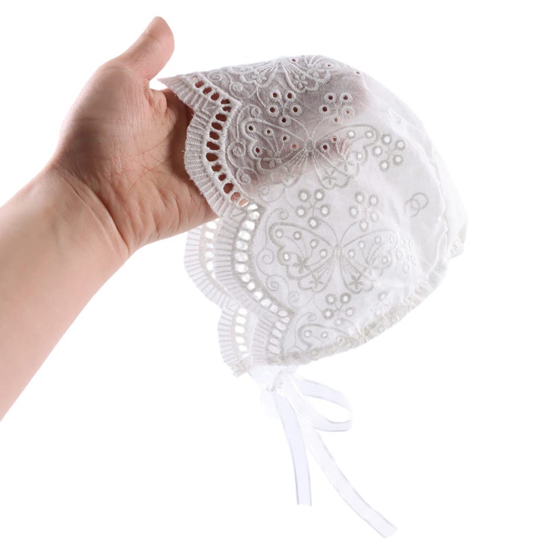Zsedrut Baby Girl Bonnet Eyelet Lace Cotton Christening Bonnet Toddler Handmade Beanie Sun Protection Hat (Butterfly  0-3 Months) - Image 3