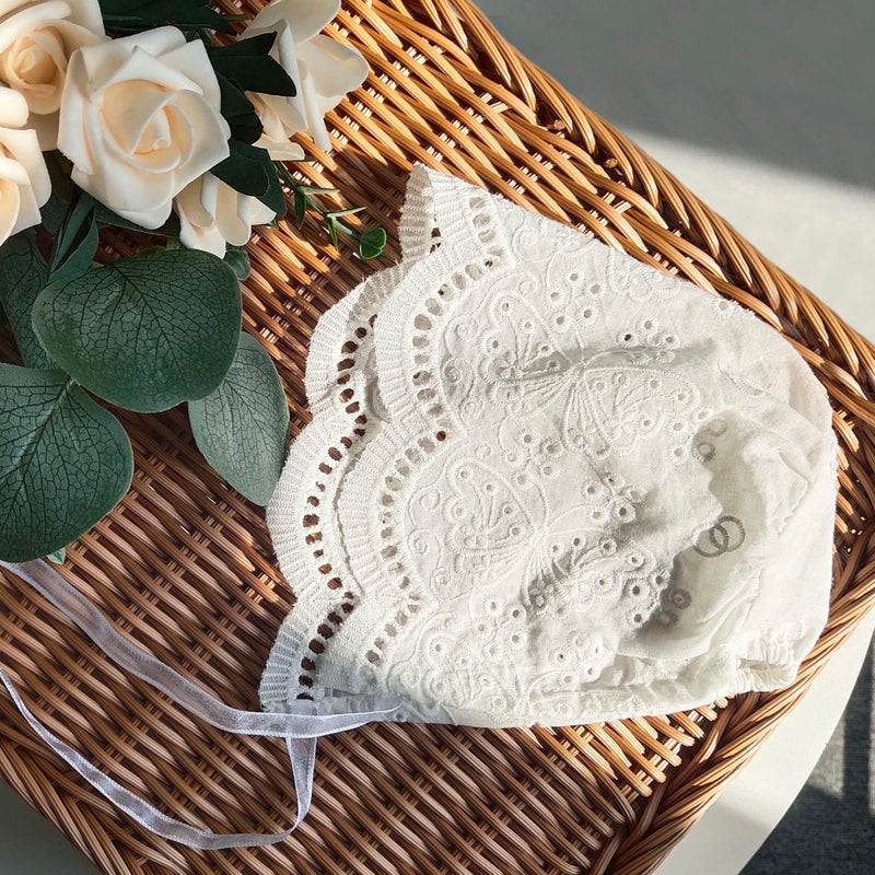 Zsedrut Baby Girl Bonnet Eyelet Lace Cotton Christening Bonnet Toddler Handmade Beanie Sun Protection Hat (Butterfly  0-3 Months) - Image 4