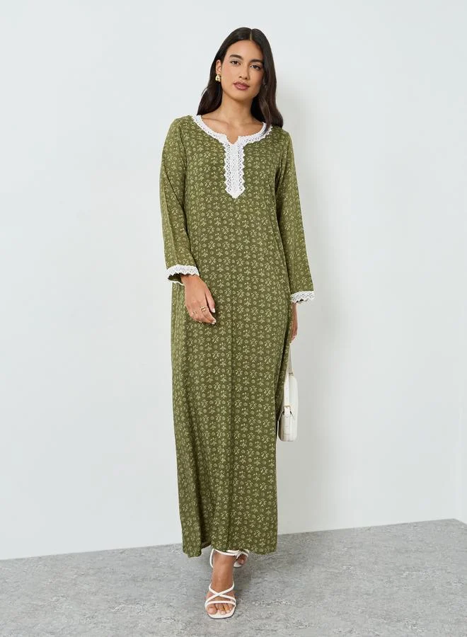 Amirah Green Floral Print Lace Detail A-Line Jalabiya