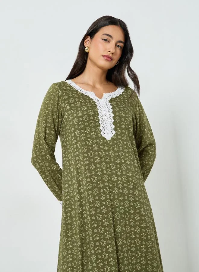 Amirah Green Floral Print Lace Detail A-Line Jalabiya