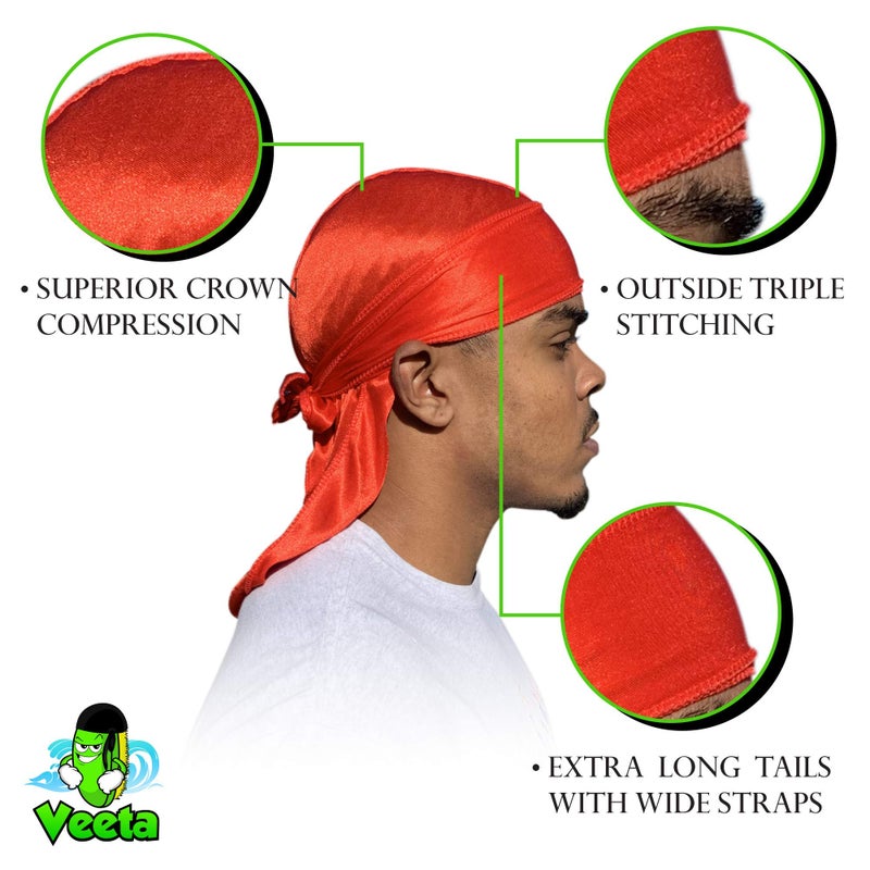 Veeta Superior Silk Durag - Smooth Silk Durag for Men & Women, Long Double Wide Straps, Outside Seam Triple Stitch Du Rag (Candy Red) - Image 3