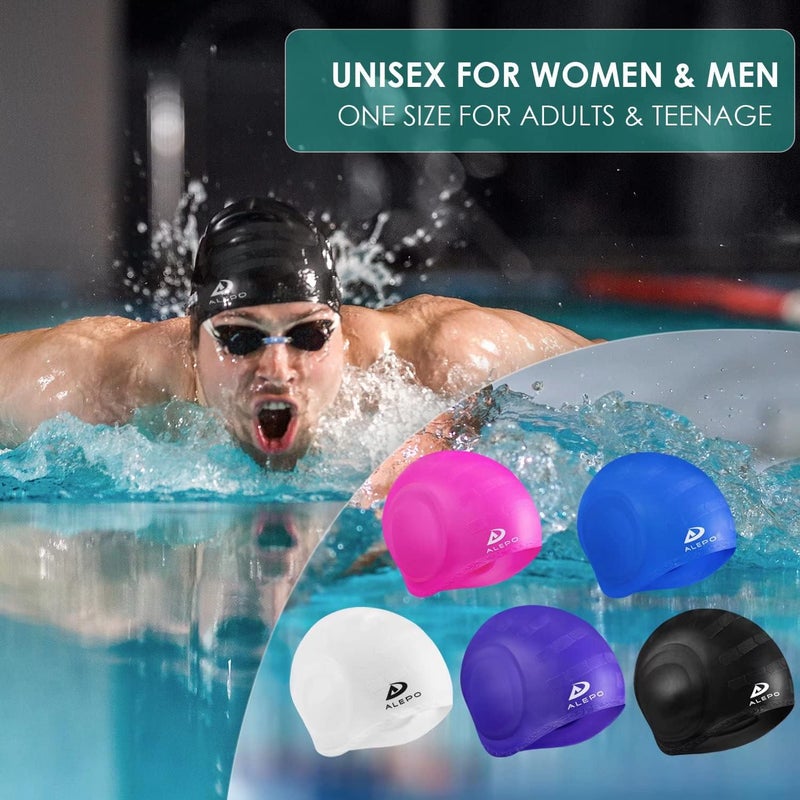 Alepo 2 Pack Unisex Swim Caps with 3D Ear Protection, Durable Flexible Silicone Swimming Hats for Women Men Kids Adults, Bathing Swimming Caps for Short/Long Hair with Ear Plugs&Nose Clip - Image 5