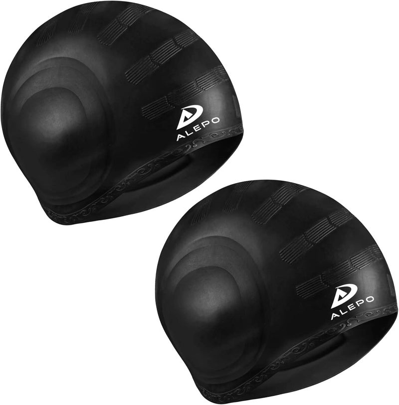 Alepo 2 Pack Unisex Swim Caps with 3D Ear Protection, Durable Flexible Silicone Swimming Hats for Women Men Kids Adults, Bathing Swimming Caps for Short/Long Hair with Ear Plugs&Nose Clip - Image 1