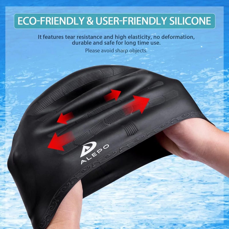 Alepo 2 Pack Unisex Swim Caps with 3D Ear Protection, Durable Flexible Silicone Swimming Hats for Women Men Kids Adults, Bathing Swimming Caps for Short/Long Hair with Ear Plugs&Nose Clip - Image 3