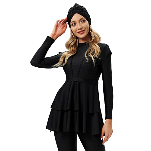 YONGSEN Women Burkini Islamic Modest Plus Size Muslim Swimwear with Bra Pad Front Black and White Grid Hijab Swimsuit (Black, XXL) - Image 1
