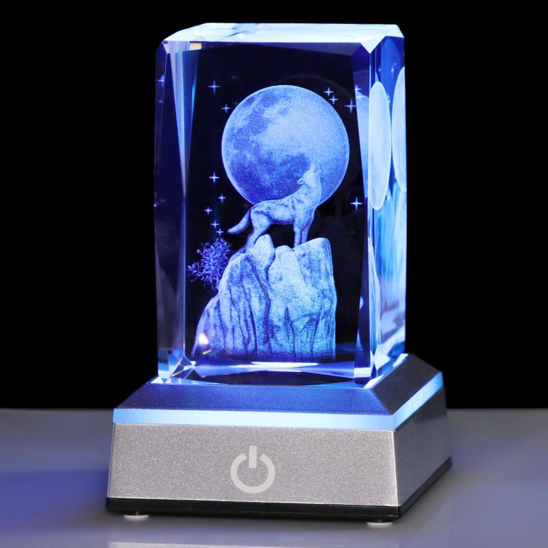 YWHL YWHL 3D Crystal Wolf Gifts for Man Women Wolf Figurines Present with Light Base for Animal Lovers on Birthday Christmas Figurine Collection for Home Decor 