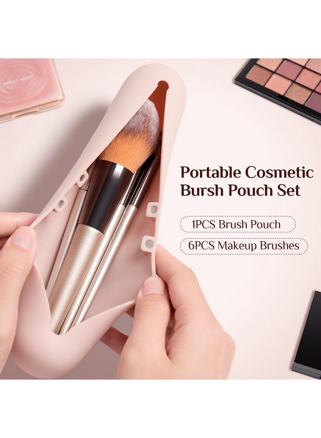 EasYoung Travel Makeup Brush Pouch Sets, 1Pcs Magnetic Anti-Fall Out Silicone Portable Cosmetic Brushes Holder + 6Pcs Makeup Brushes - Image 1
