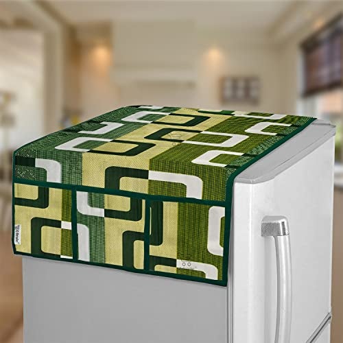 E-Retailer® Polyester 3-Layered Fridge Top Cover/Refrigerator Cover With 6 Utility Pockets and 1 Pc. Handle Cover (Color-Green, Size-39x21 Inches) - Image 2
