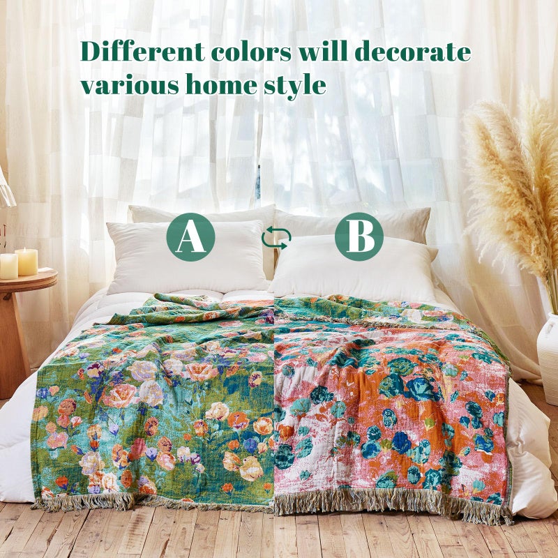 MSGKV Boho Throw Blanket for Couch Cotton Floral Blanket 50"x60" for Sofa Chair Throws Muslin Spring Breathable Lightweight Farmhouse Blankets Home Decor All Seasons - Image 3