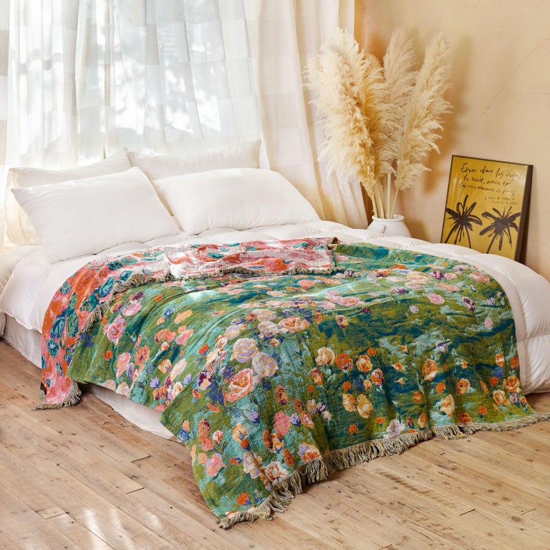 MSGKV Boho Throw Blanket for Couch Cotton Floral Blanket 50"x60" for Sofa Chair Throws Muslin Spring Breathable Lightweight Farmhouse Blankets Home Decor All Seasons - Image 5