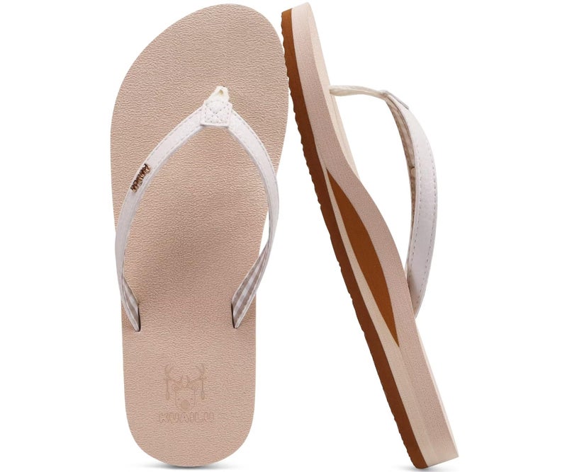 KuaiLu Womens Arch Support Flip Flops Comfortable Yoga Mat Slip on Leather Walking Thong Cushion Sandals Summer Beach Orthotic Slides Travel Essentials Indoor Outdoor Slippers Shoes Beige Size 8 - Image 1